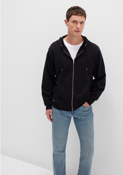 Kapüşonlu Fermuarlı Siyah Basic Sweatshirt 0S10277-900