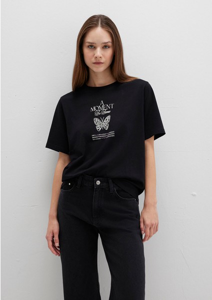 Kelebek Baskılı Siyah Tişört 1613462-900