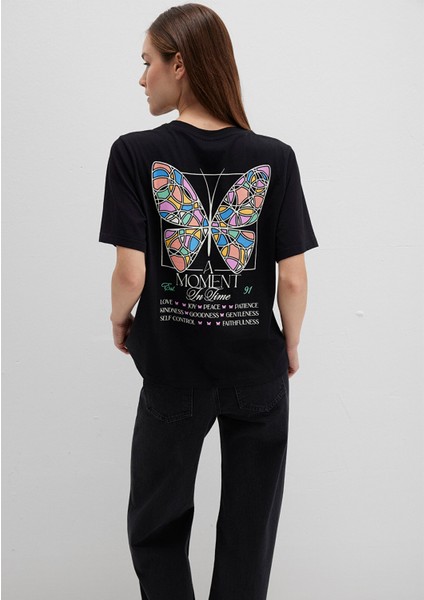 Kelebek Baskılı Siyah Tişört 1613462-900