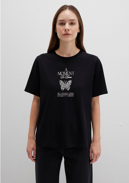 Kelebek Baskılı Siyah Tişört 1613462-900