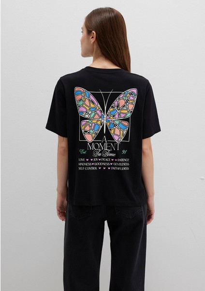 Kelebek Baskılı Siyah Tişört 1613462-900