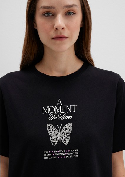 Kelebek Baskılı Siyah Tişört 1613462-900