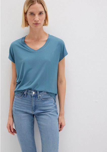 V Yaka Mavi Basic Viskoz Tişört 167714-70753