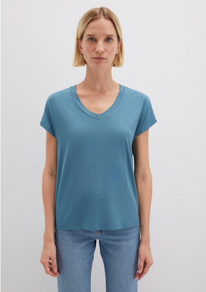 V Yaka Mavi Basic Viskoz Tişört 167714-70753