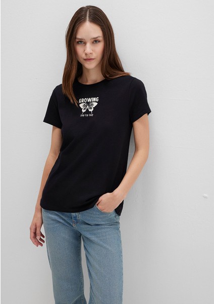 Çiçek Baskılı Siyah Tişört 1613476-900