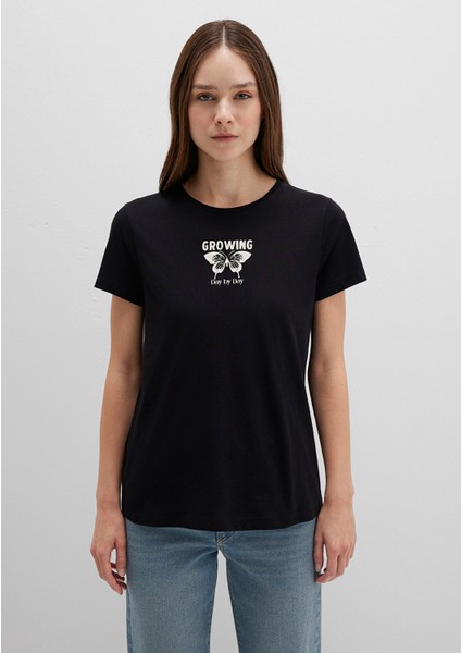 Çiçek Baskılı Siyah Tişört 1613476-900