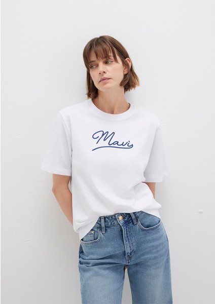 Mavi Nakışlı Beyaz Tişört 1612421-620