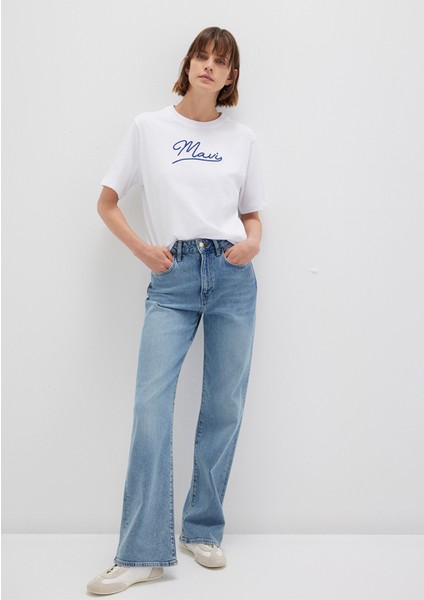 Mavi Nakışlı Beyaz Tişört 1612421-620