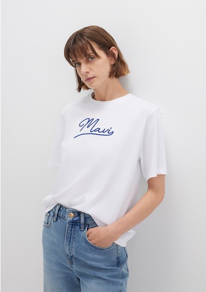 Mavi Nakışlı Beyaz Tişört 1612421-620