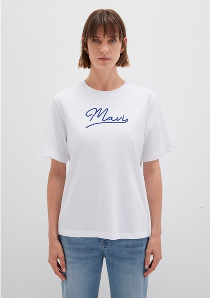 Mavi Nakışlı Beyaz Tişört 1612421-620