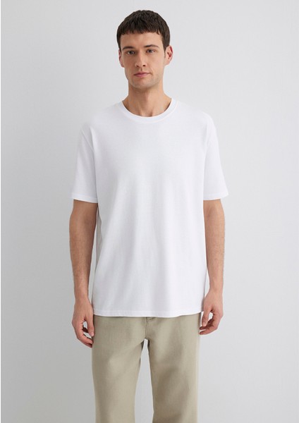 Bisiklet Yaka Beyaz Basic Tişört 0611596-620