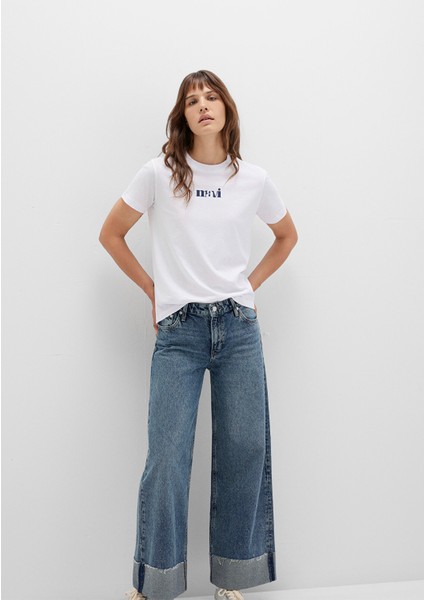 Mavi Baskılı Beyaz Tişört 1612241-620