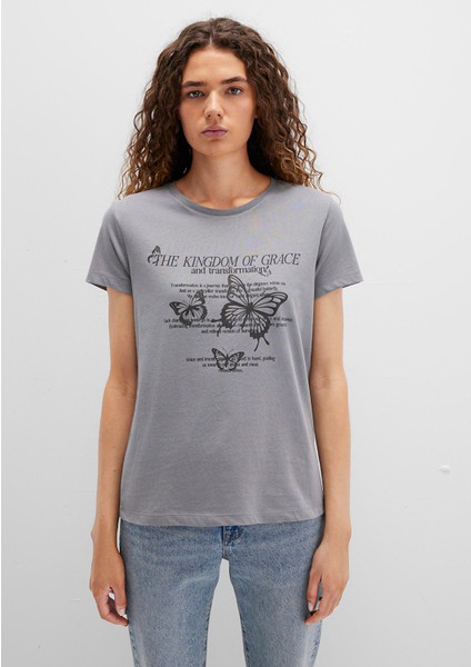 Kelebek Baskılı Gri Tişört 1613453-91066