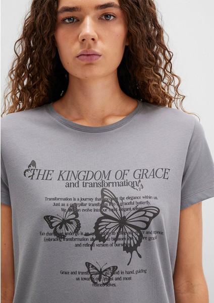 Kelebek Baskılı Gri Tişört 1613453-91066