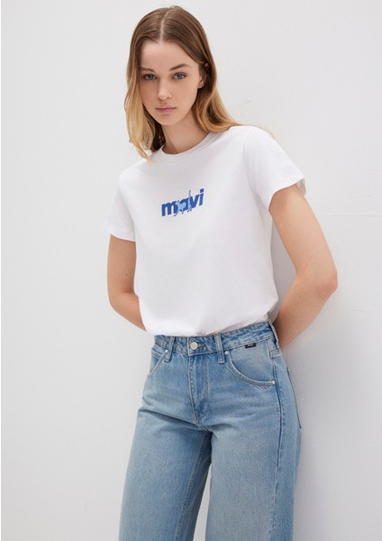 Mavi Kedi Baskılı Beyaz Tişört 1613287-620