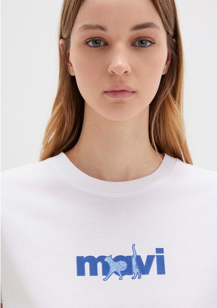 Mavi Kedi Baskılı Beyaz Tişört 1613287-620