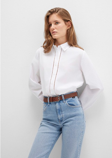 Nakışlı Şerit Detaylı Beyaz Gömlek 1211174-70057