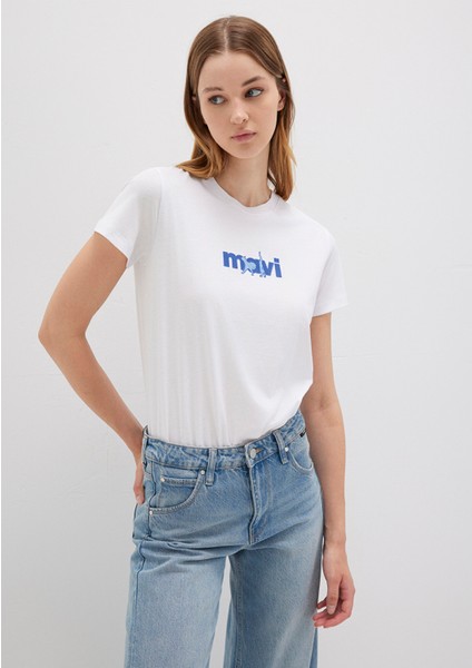 Mavi Kedi Baskılı Beyaz Tişört 1613287-620