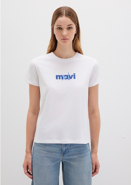 Mavi Kedi Baskılı Beyaz Tişört 1613287-620