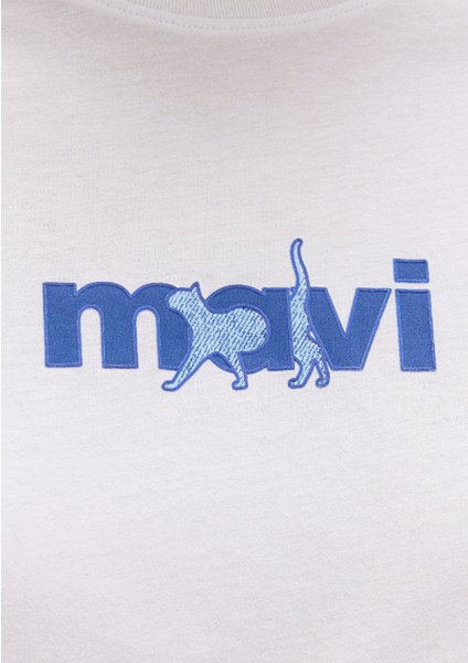 Mavi Kedi Baskılı Beyaz Tişört 1613287-620