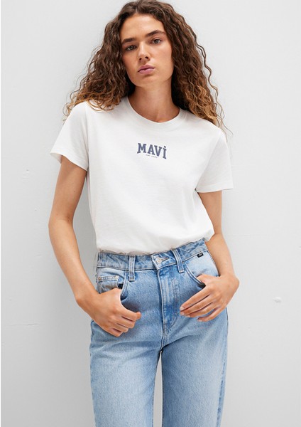 Mavi Logo Baskılı Ekru Tişört 1613412-70057