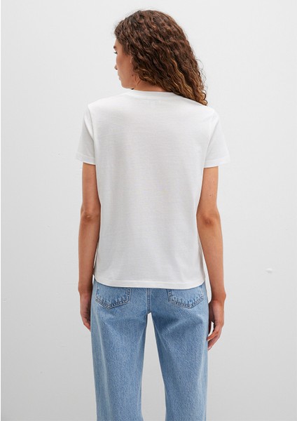 Mavi Logo Baskılı Ekru Tişört 1613412-70057