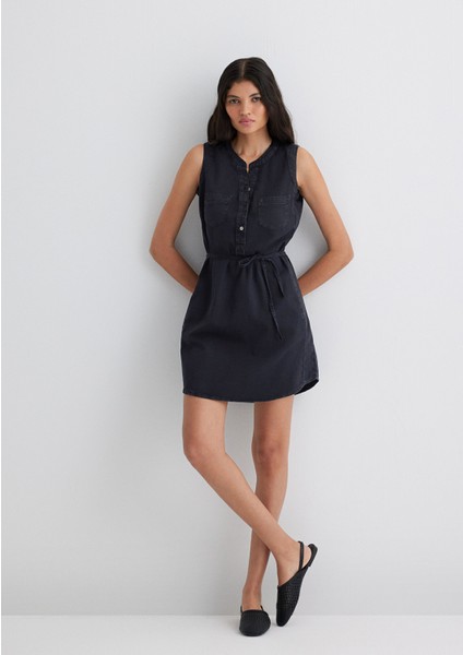 Suzy Gold Klasik Puslu Siyah Jean Elbise 130317-89755