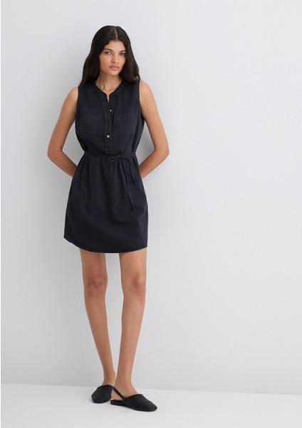 Suzy Gold Klasik Puslu Siyah Jean Elbise 130317-89755