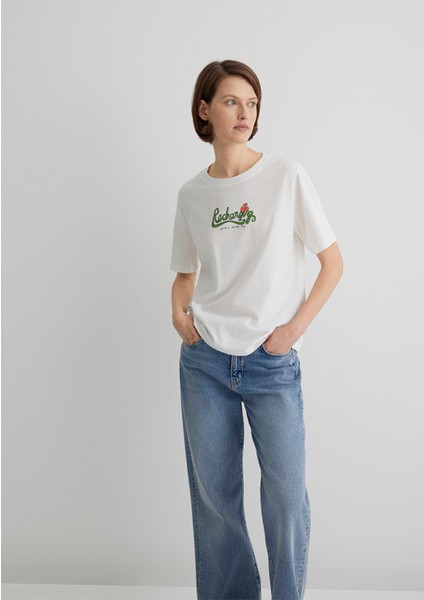 Kedi Baskılı Ekru Tişört 1613166-70057