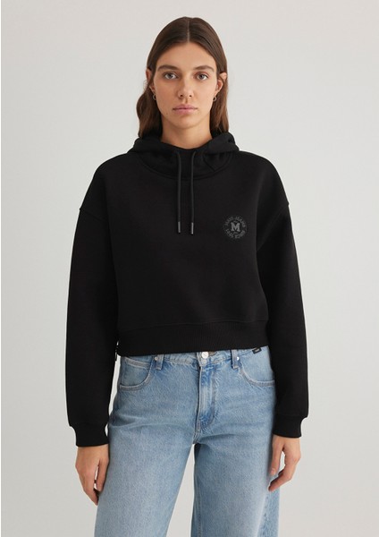 Mavi Patch Logo Kapüşonlu Siyah Crop Sweatshirt 1S10305-900
