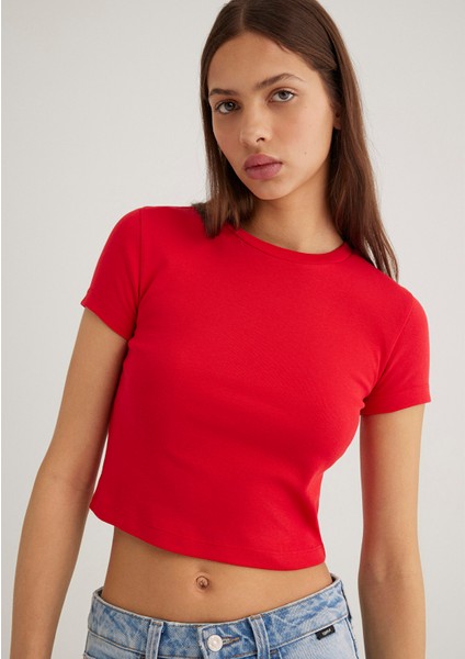 Kırmızı Basic Crop Tişört 1600814-70467
