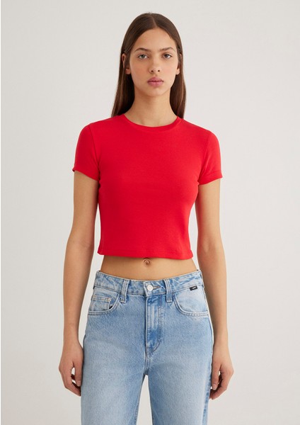 Kırmızı Basic Crop Tişört 1600814-70467