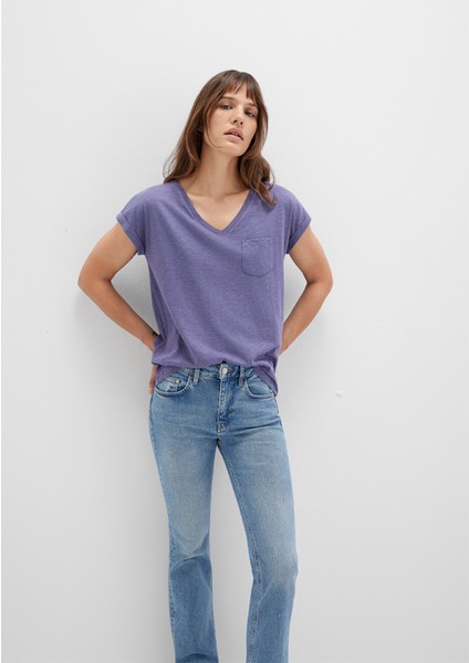 V Yaka Mor Basic Tişört 1600961-70608