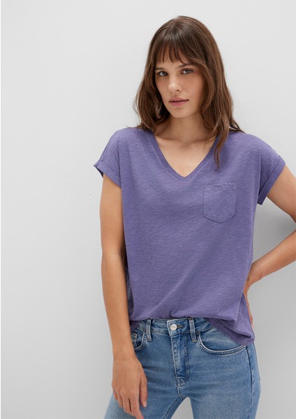 V Yaka Mor Basic Tişört 1600961-70608