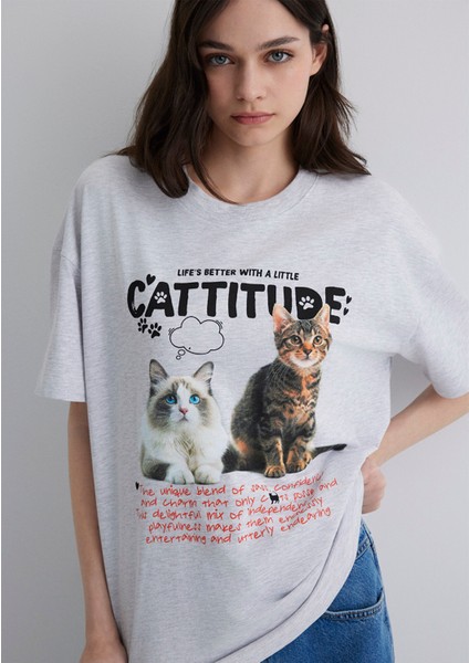 Kedi Baskılı Gri Tişört 1613097-88467