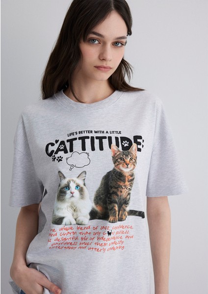 Kedi Baskılı Gri Tişört 1613097-88467
