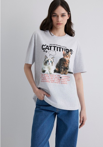 Kedi Baskılı Gri Tişört 1613097-88467