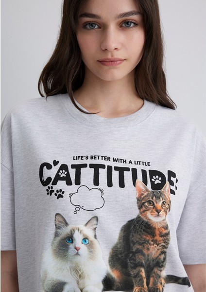 Kedi Baskılı Gri Tişört 1613097-88467