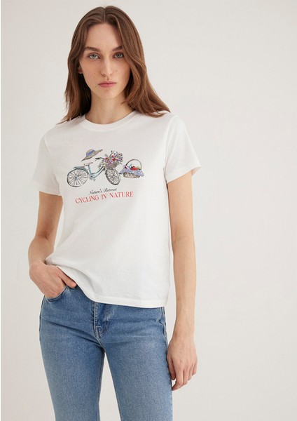 Bisiklet Baskılı Ekru Tişört 1613198-70057