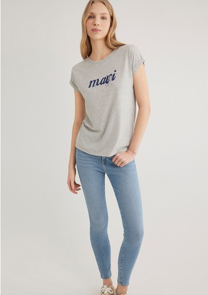 Mavi Logo Baskılı Gri Tişört 166422-25702