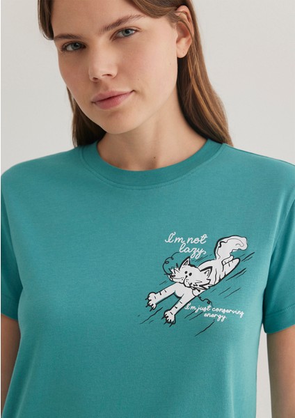 Kedi Baskılı Yeşil Tişört 1612233-71823