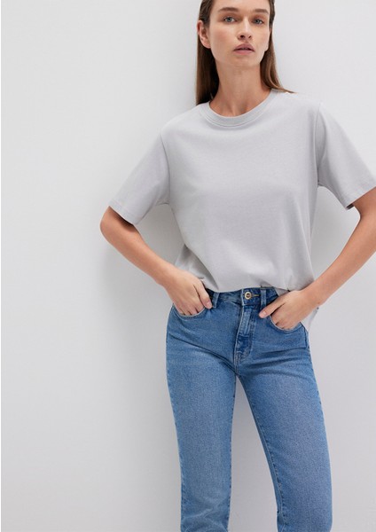 Bisiklet Yaka Gri Basic Tişört 1600955-83096