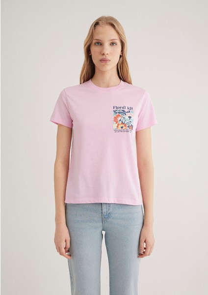 Çiçek Baskılı Pembe Tişört 1612956-71117
