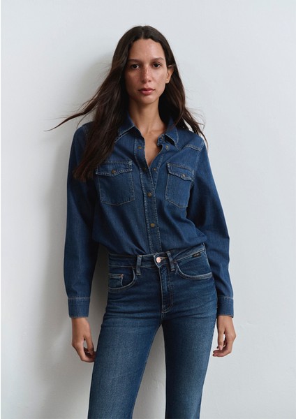 Angela Classic Denim Koyu Mavi Jean Gömlek 1210819-89252
