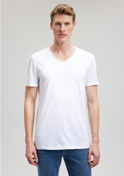 Dikiş Detaylı V Yaka Beyaz Tişört 062773-20843
