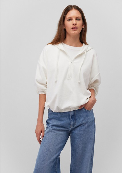 Yarı Fermuarlı Kapüşonlu Beyaz Sweatshirt 1S10248-80194