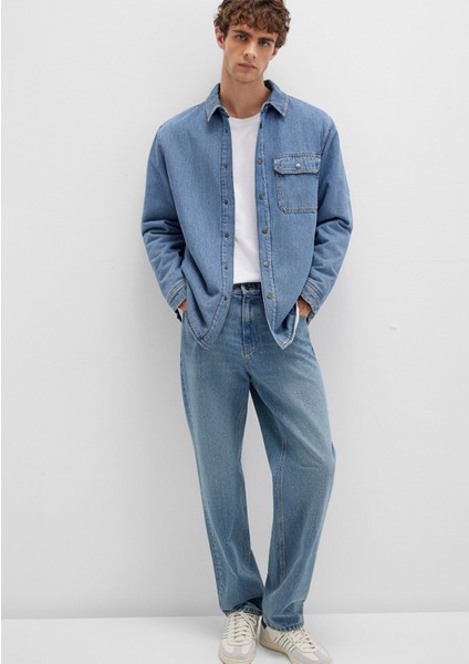Jeremy Classic Denim Süni Kürklü Indigo Mavisi Jean Gömlek 0211186-88559