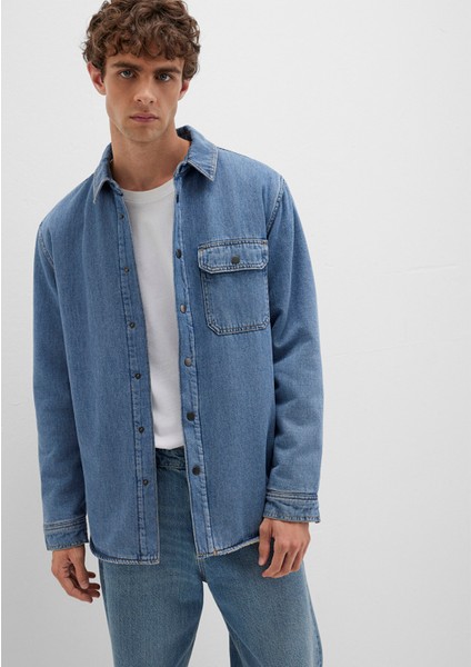 Jeremy Classic Denim Süni Kürklü Indigo Mavisi Jean Gömlek 0211186-88559