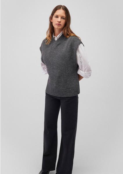 Yün Karışımlı V Yaka Gri Süveter 1710573-83096