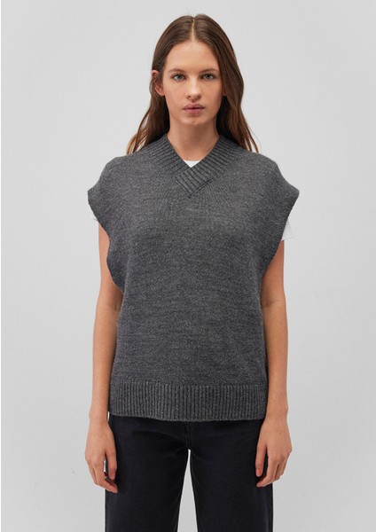 Yün Karışımlı V Yaka Gri Süveter 1710573-83096